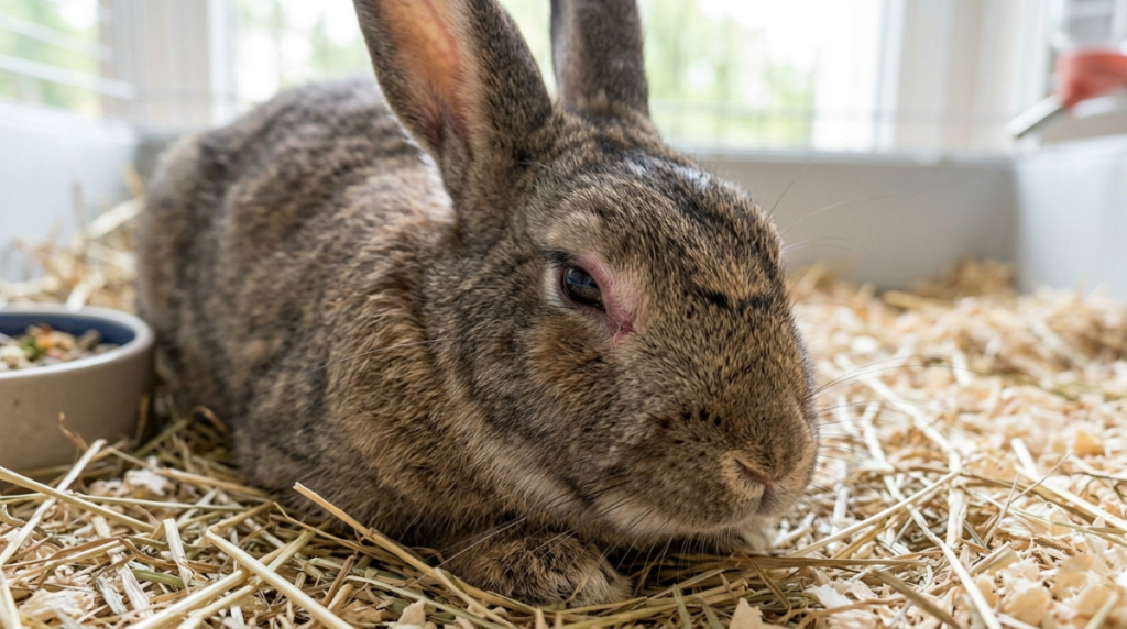 Photographie d'un lapin domestique montrant des signes légers de myxomatose du lapin, pour illustrer l'identification des symptômes.